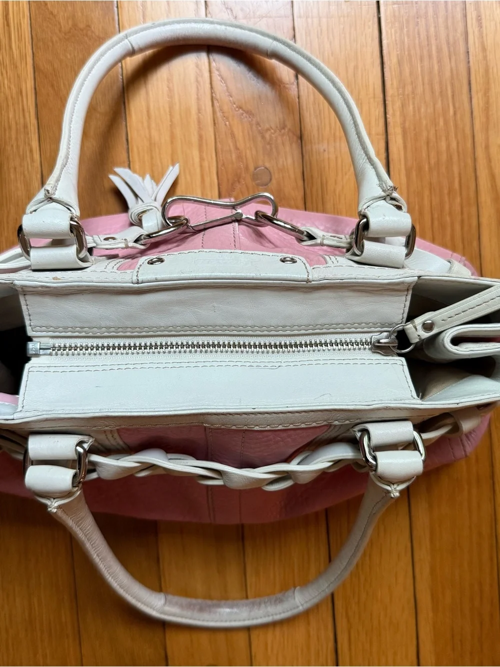 Coach Pink and White Leather Shoulder Tote with Horsebit Accent